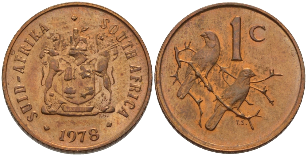 ЮАР 1 ЦЕНТ 1978 ГЕРБ, КАПСКИЕ ВОРОБЬИ KM 82 бронза UNC 66-259
