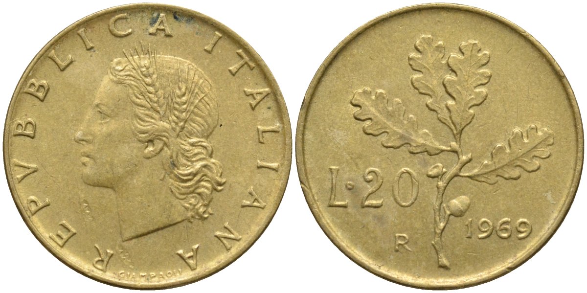 Италия 20 лир 1969 R, дубовая ветвь KM 97.1 алюминиевая бронза 4171-852