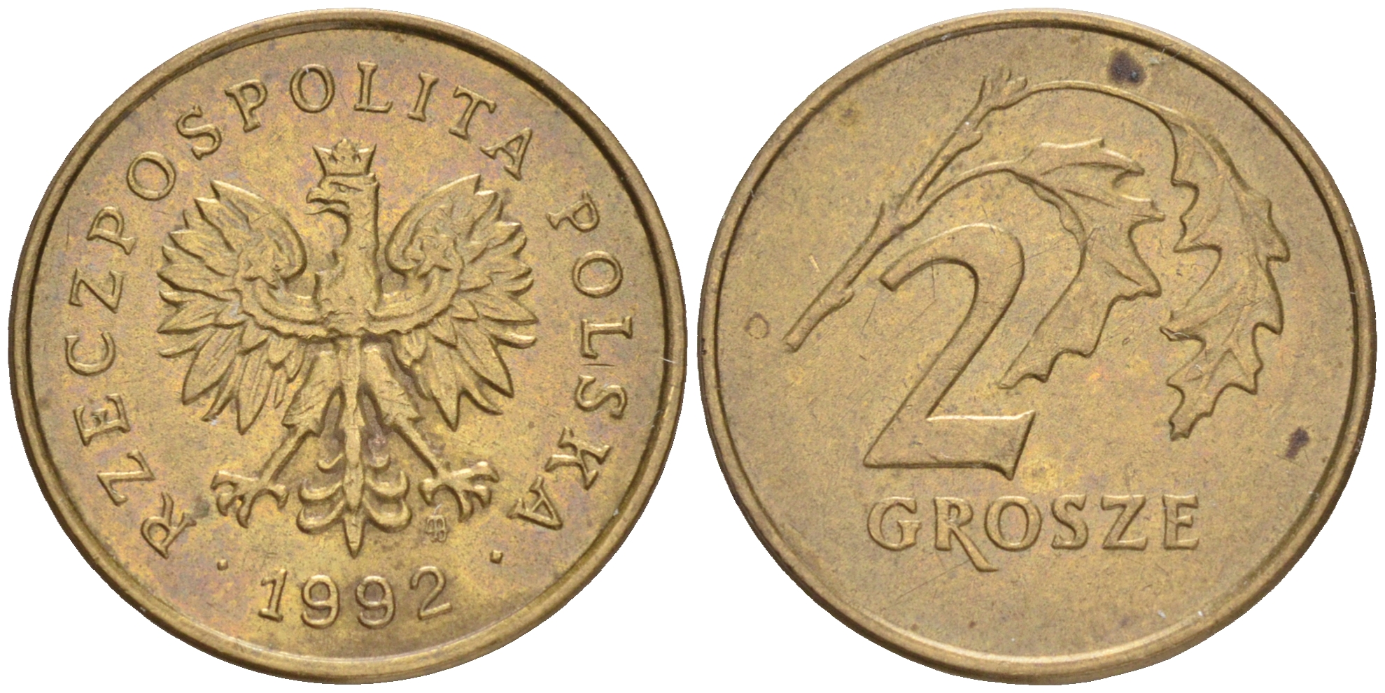 ПОЛЬША 2 ГРОША 1992 MW KM 277 латунь 4516-1055