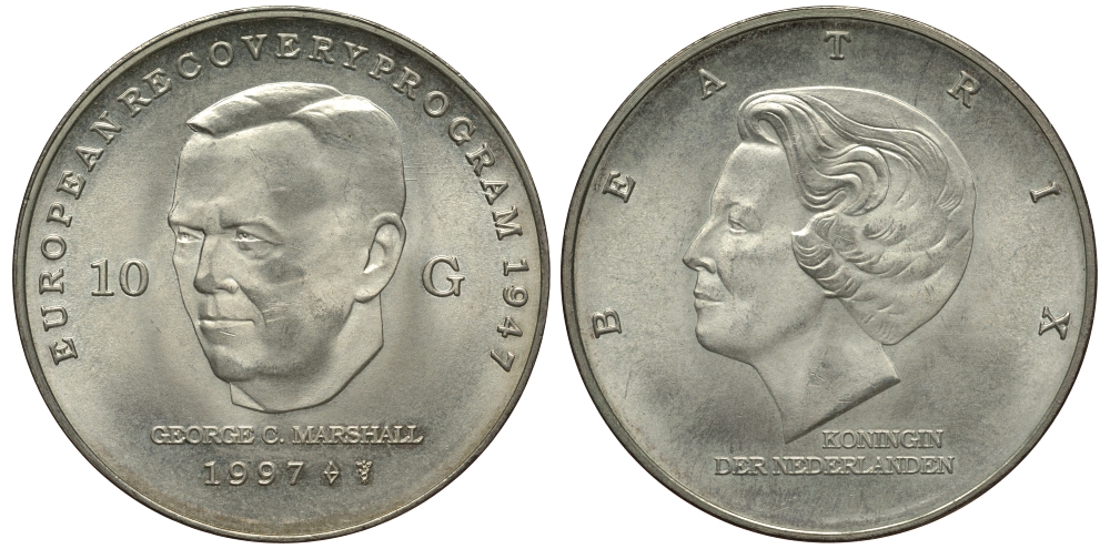 Нидерланды 10 гульденов 1997 Беатрикс (1980-2013), Джордж Маршалл KM 224 серебро UNC 413-3941