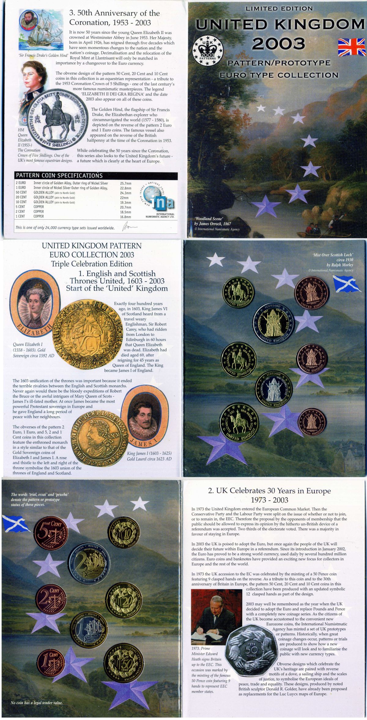 Великобритания набор из 8 европробников 2003 в оригинальном картонном буклете, тираж 24000 экземпляров, 400 лет союзу с Шотландией UNC 1-6-4-14