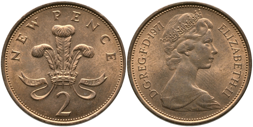 Великобритания 2 пенса 1971 Елизавета II (1952-2022) KM 916, Spink 4235 (C1) бронза 65-925