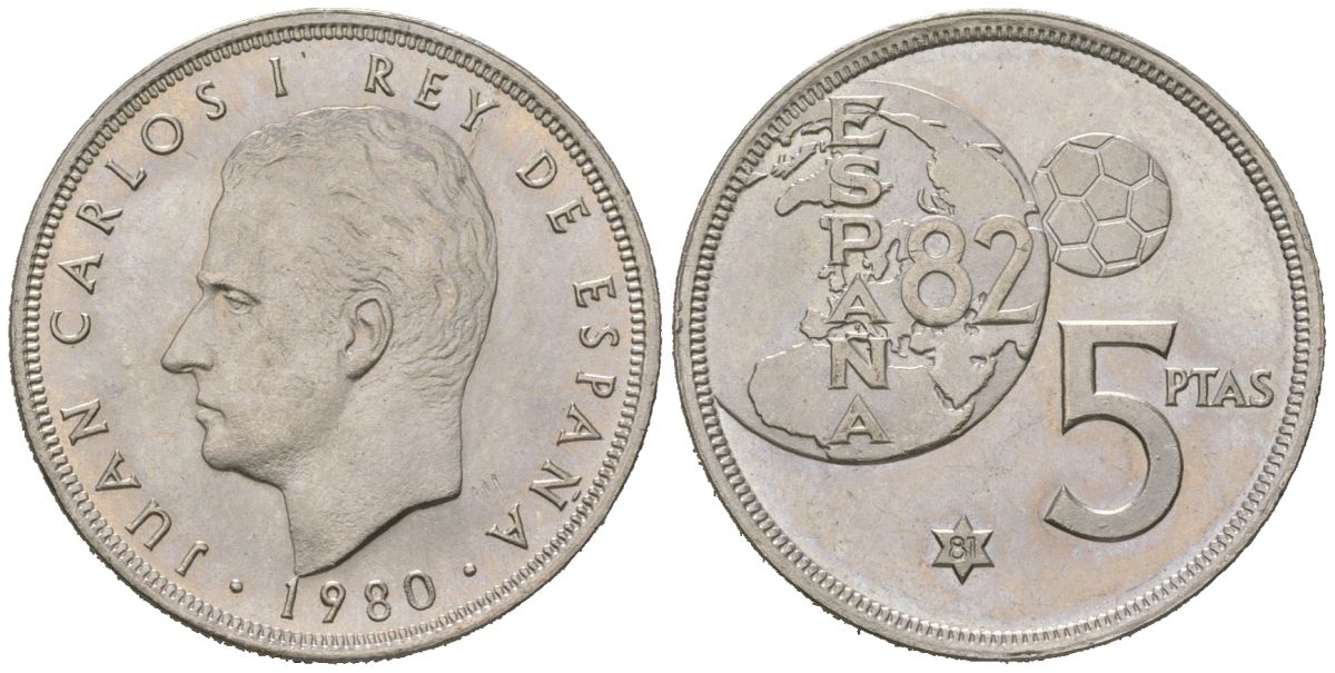 Испания 5 песет 1980 (81), Хуан Карлос I (1975-2014), чемпионат мира по футболу 1982 года в Испании KM 817 медно-никель UNC 4619-732