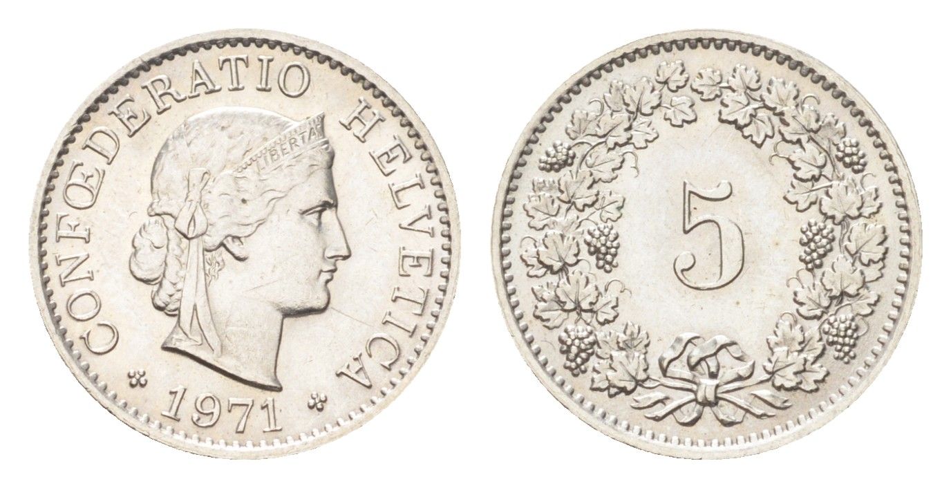 Швейцария 5 раппенов 1971 KM 26 медно-никель 4705-1262