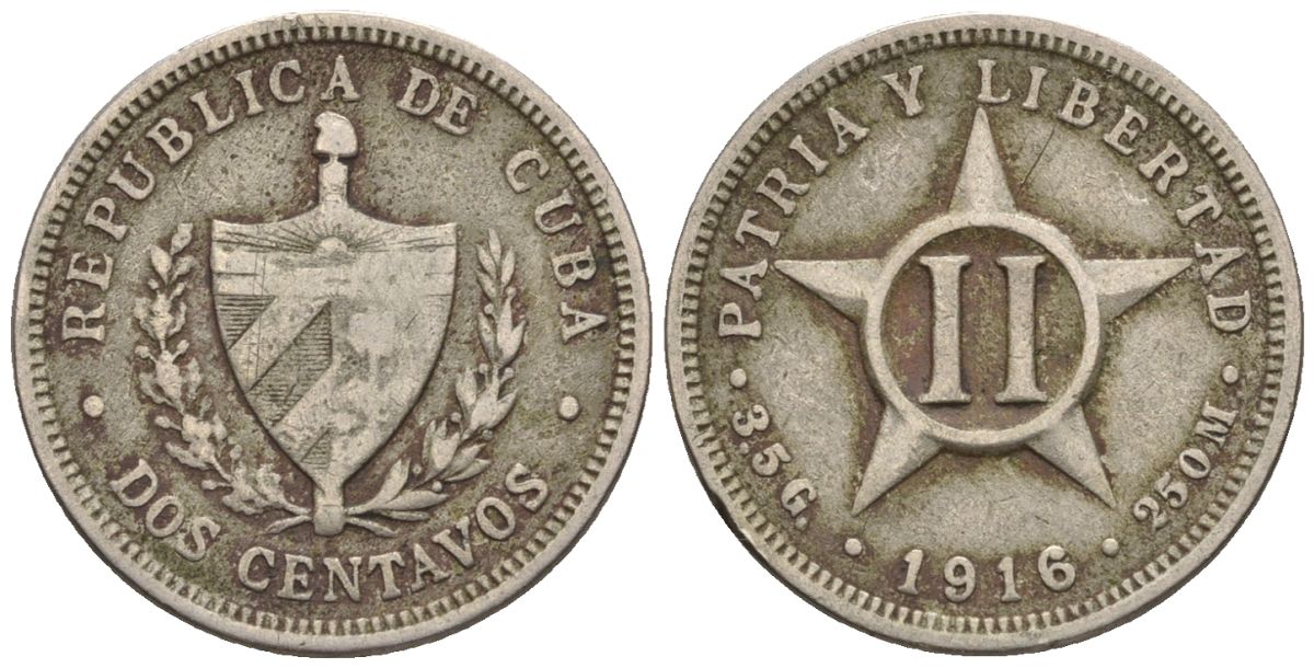 Куба 2 сентаво 1916 KM A10, JMA 28, Y 4 медно-никель 4115-1222