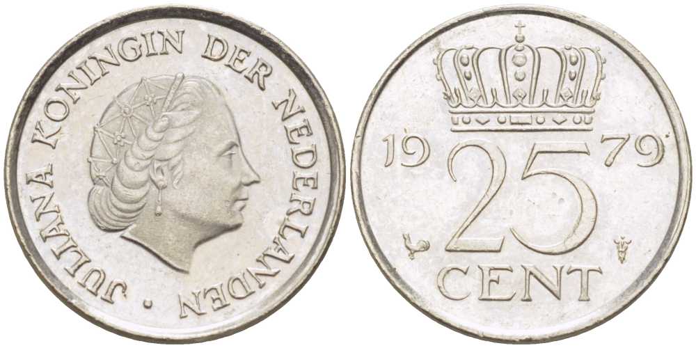Нидерланды 25 центов 1979 Юлиана (1949-1980) KM 183 никель 214-1121