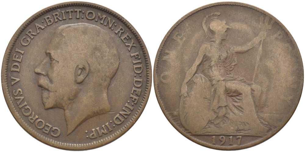 Великобритания 1 пенни 1917 Георг V (1910-1936) KM 810, Spink 4051 бронза 111-1242