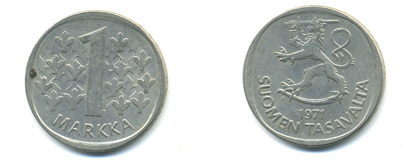 ФИНЛЯНДИЯ 1 МАРКА 1971 S KM 49а медно-никель 3999-146