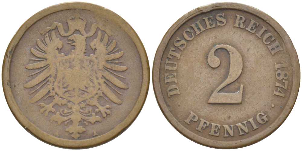 ГЕРМАНИЯ 2 ПФЕННИГА 1874 A, СТАРОГЕРБОВКА KM 2, J. 2, Weege 3 медь 212-436