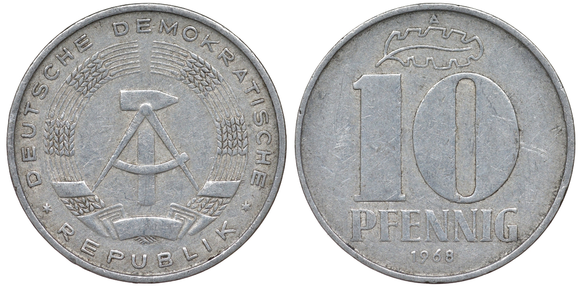 ГДР 10 пфеннигов 1968 A KM 10 алюминий 62-744