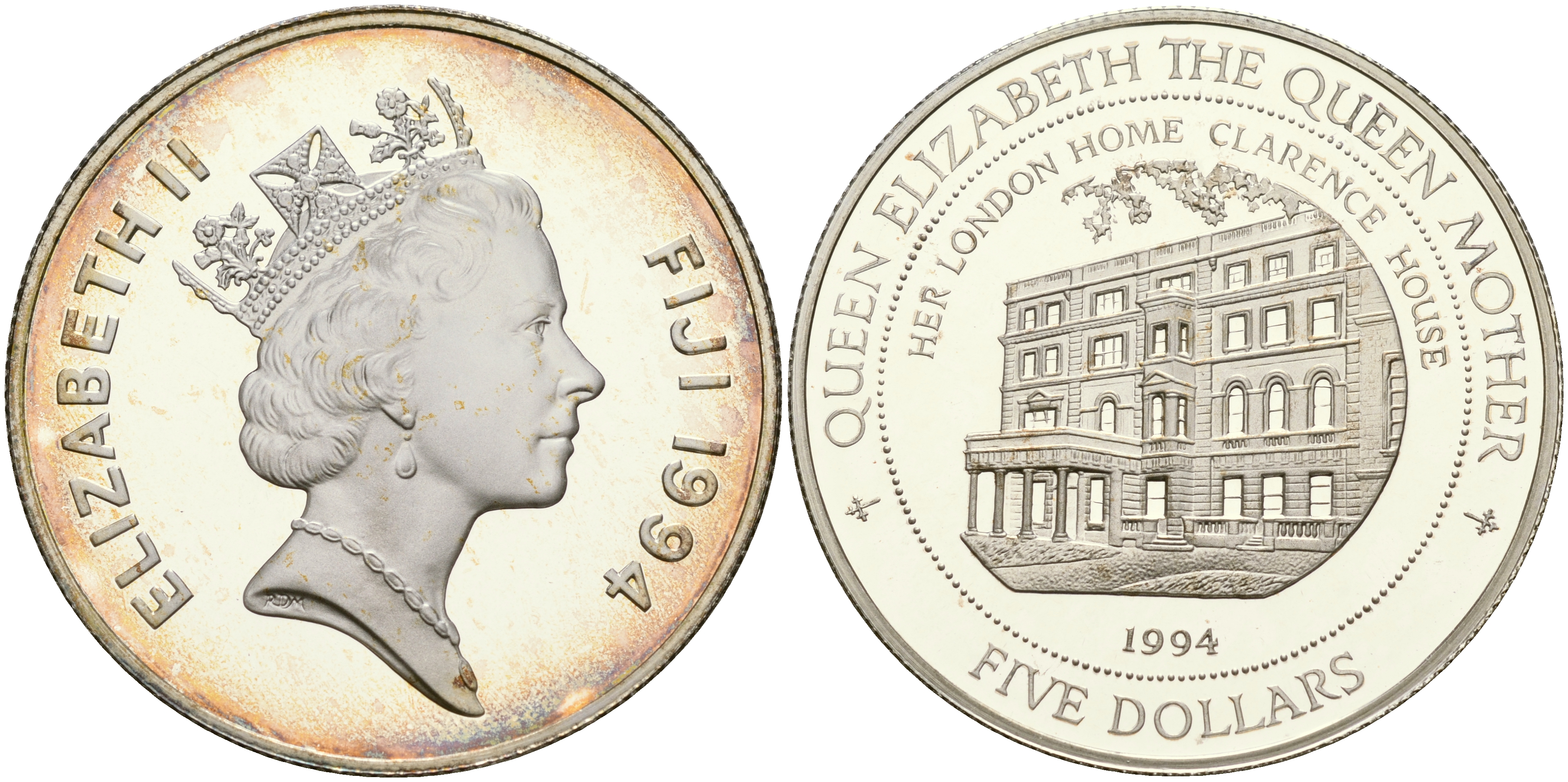 Фиджи 5 долларов 1994 Кларенс-хаус, дом королевы матери KM 69 серебро PROOF 11-073-13