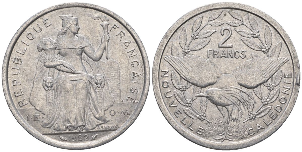Французская Новая Каледония 2 франка 1982 птица кагу, (IEOM) KM 14, Schoen 11, Lec 62 алюминий    27-553