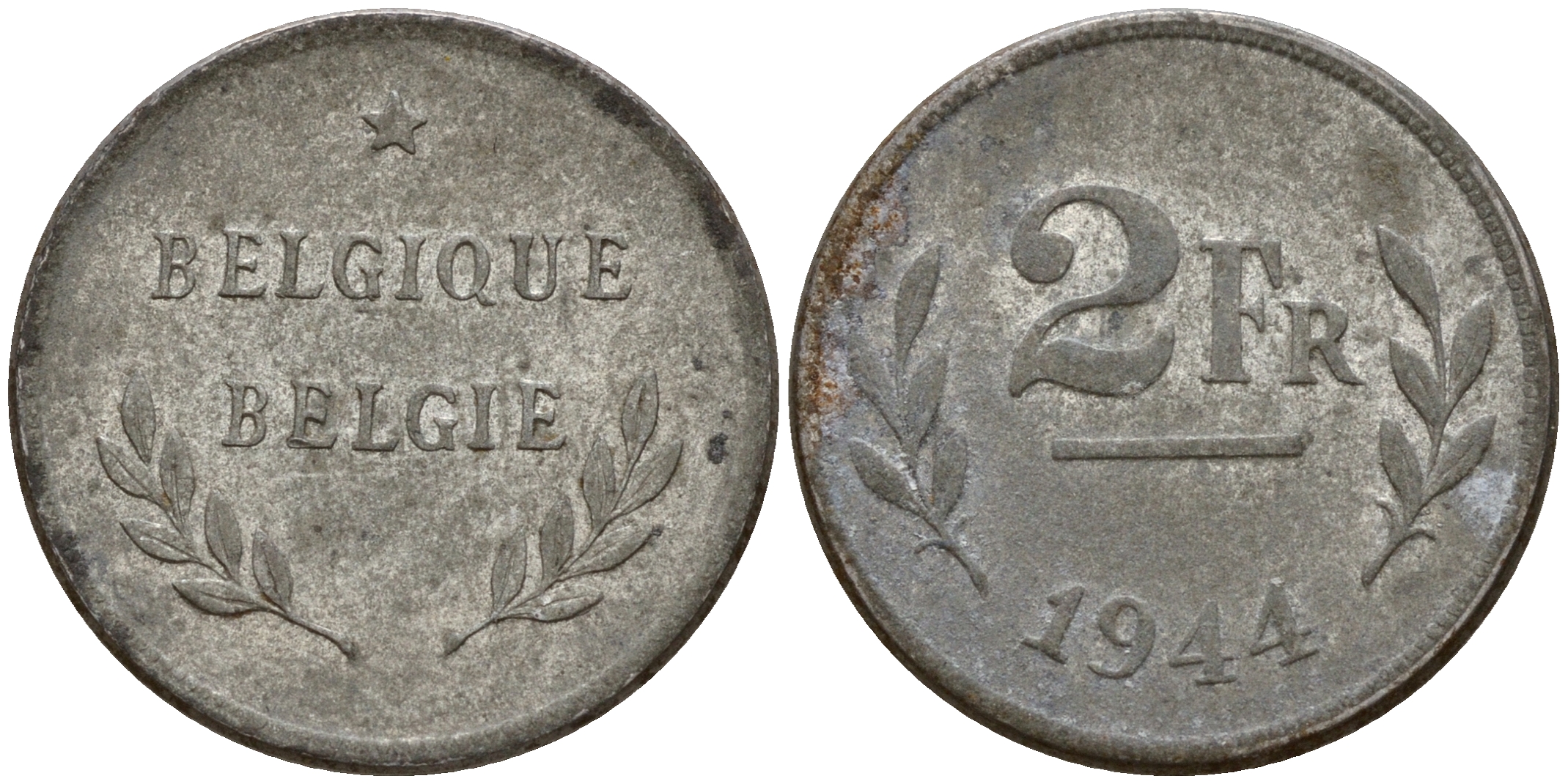 Бельгия 2 франка 1944 год тип KM 133 сталь плакированная цинком    4598-114