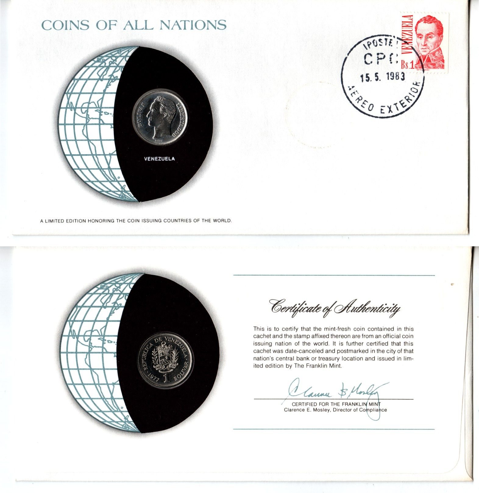 Венесуэла 1 боливар 1977 конверт с маркой первого дня гашения, Coins of Nations KM 52, Schon 62 никель UNC 4294-30-1