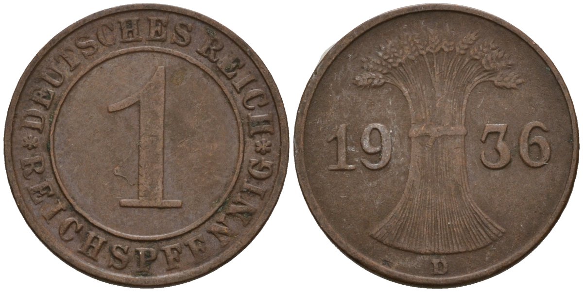 Германия 1 рейхспфенниг 1936 D KM 37, J. 313 бронза 4124-412