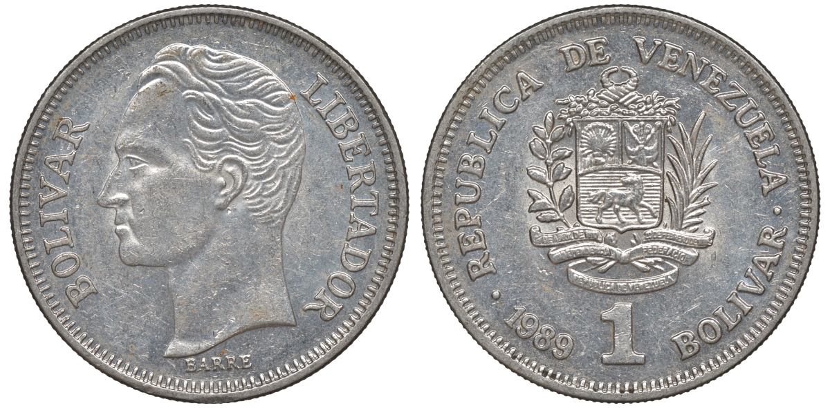Венесуэла 1 боливар 1989 тонкий шрифт Y 52a.2 сталь плакированная никелем 4606-535