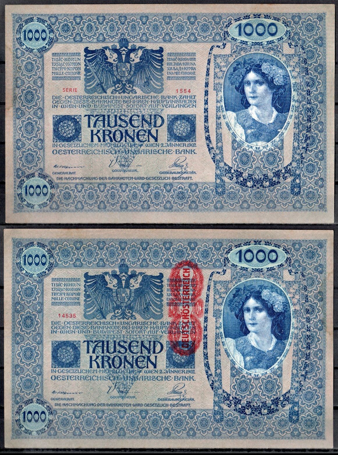 Австрия 1000 крон 1902 (1919) Pick 59 бумага UNC (пресс) 7183-23-1-2