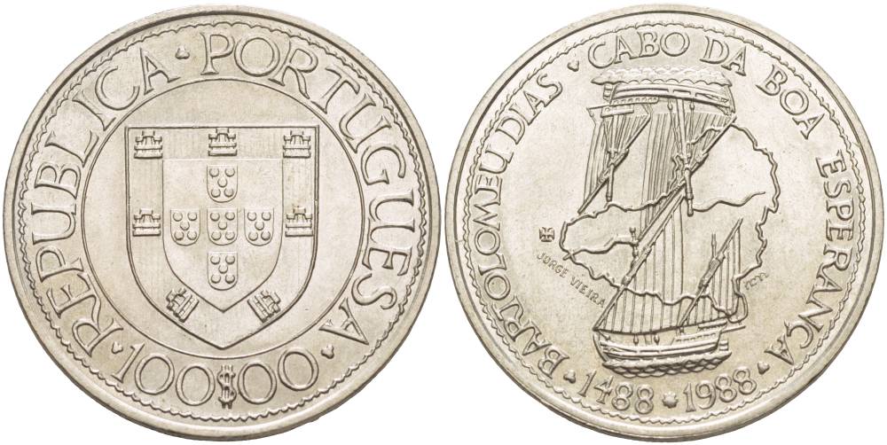 Португалия 100 эскудо 1988 серия золотой век португальских открытий, Бартоломеу Диаш KM 642 медно-никель UNC 4537-532