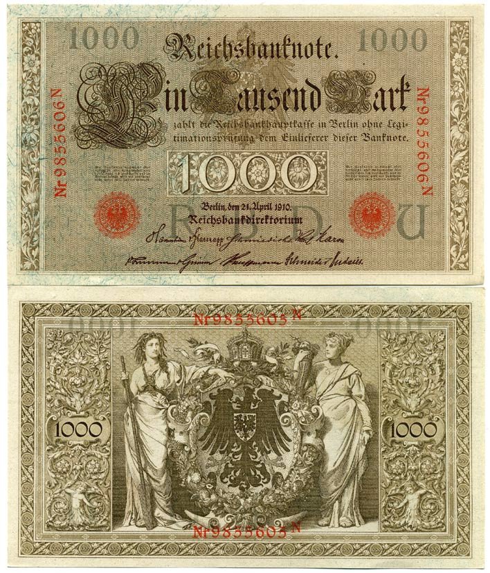 ГЕРМАНИЯ 1000 МАРОК 1910 КРАСНАЯ ПЕЧАТЬ, 7 ЦИФР В НОМЕРЕ Pick 44b бумага 2192-28-2