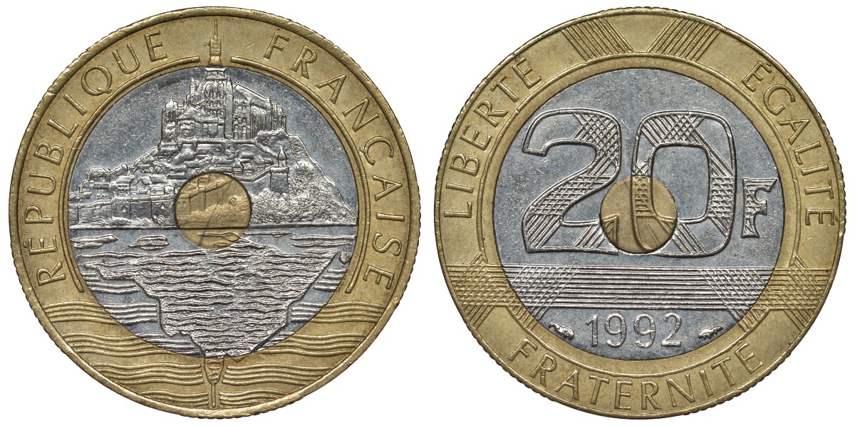 Франция 20 франков 1992 Мон-Сен-Мишель KM 1008.2, Le Franc 403.3 триметалл 4123-646