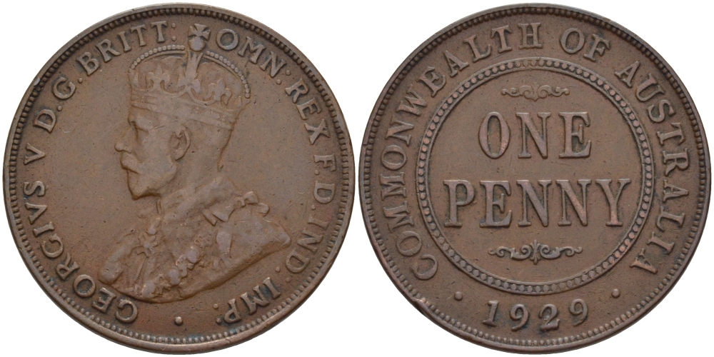 АВСТРАЛИЯ 1 ПЕННИ 1929 ГЕОРГ V KM 23 бронза 82-725