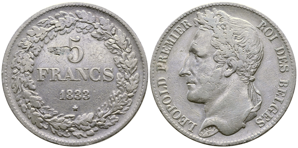Бельгия 5 франков 1833 Леопольд I (1831-1865), в венке KM 3.1 серебро 74-831