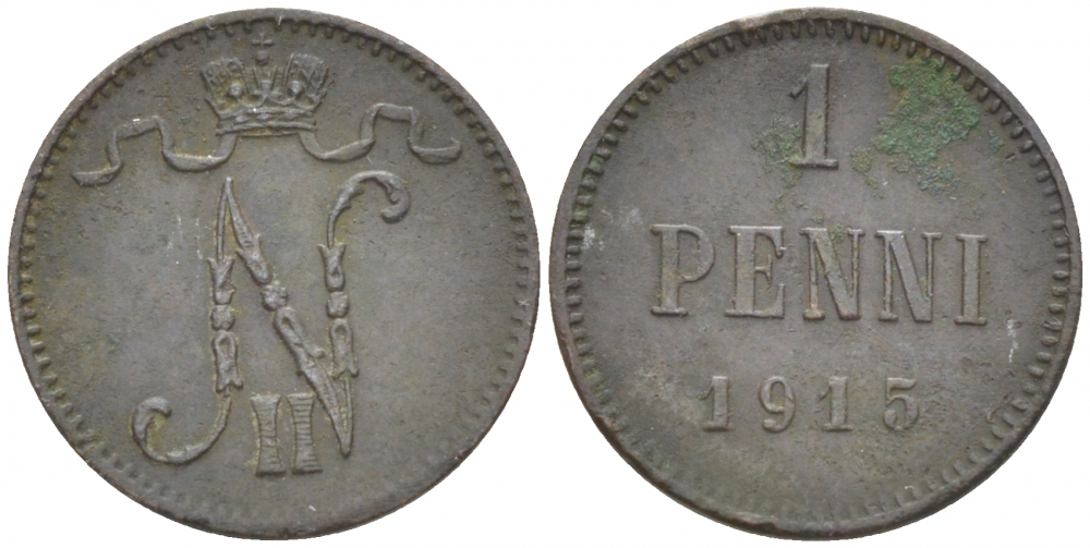 РОССИЯ ДЛЯ ФИНЛЯНДИИ 1 ПЕННИ 1915 НИКОЛАЙ II KM 13, Биткин 475 медь 4396-1457