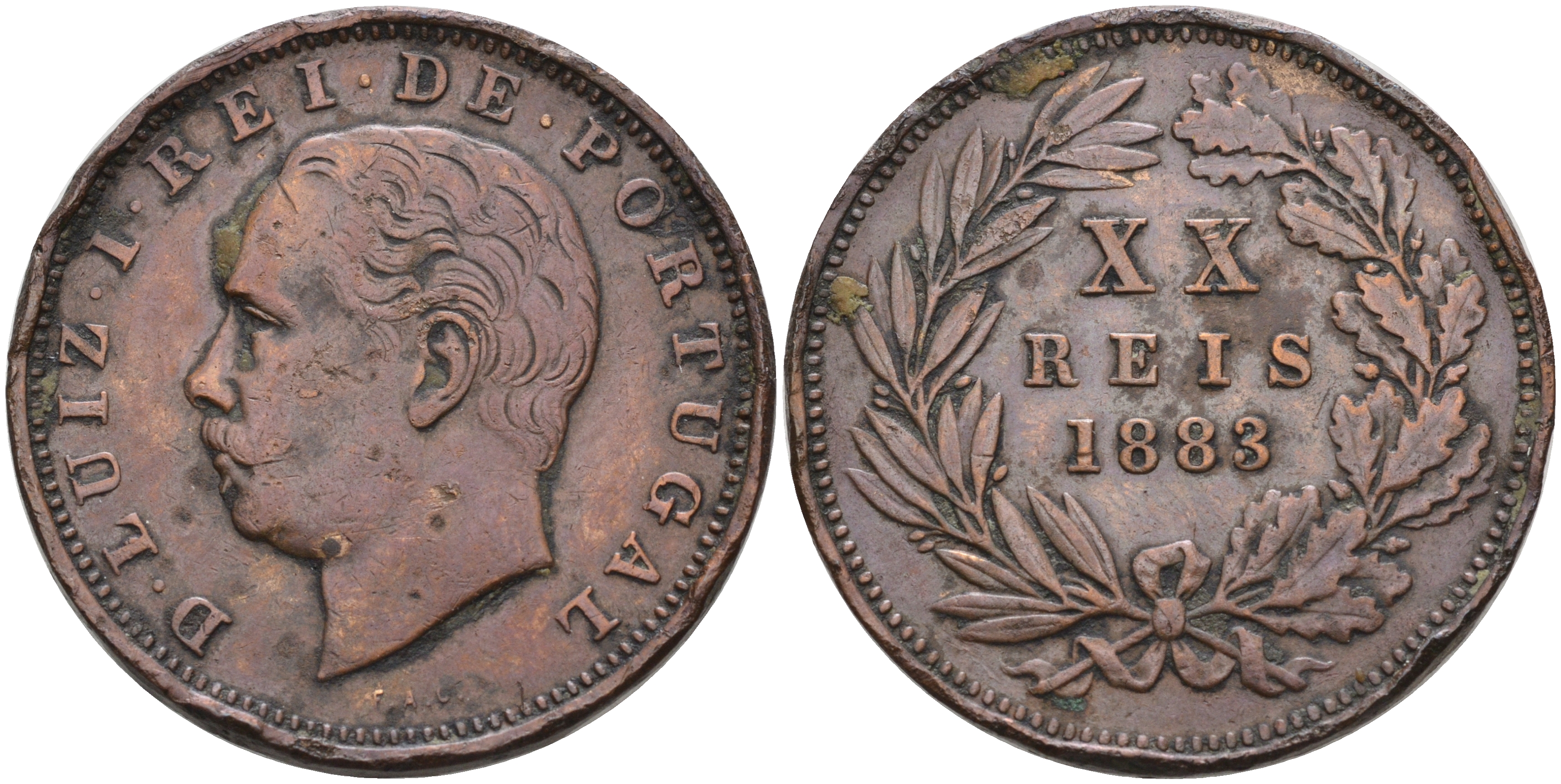 Португалия 20 рейсов 1883 Луиш (Людовик) I (1861-1889) KM 527 бронза 4565-134