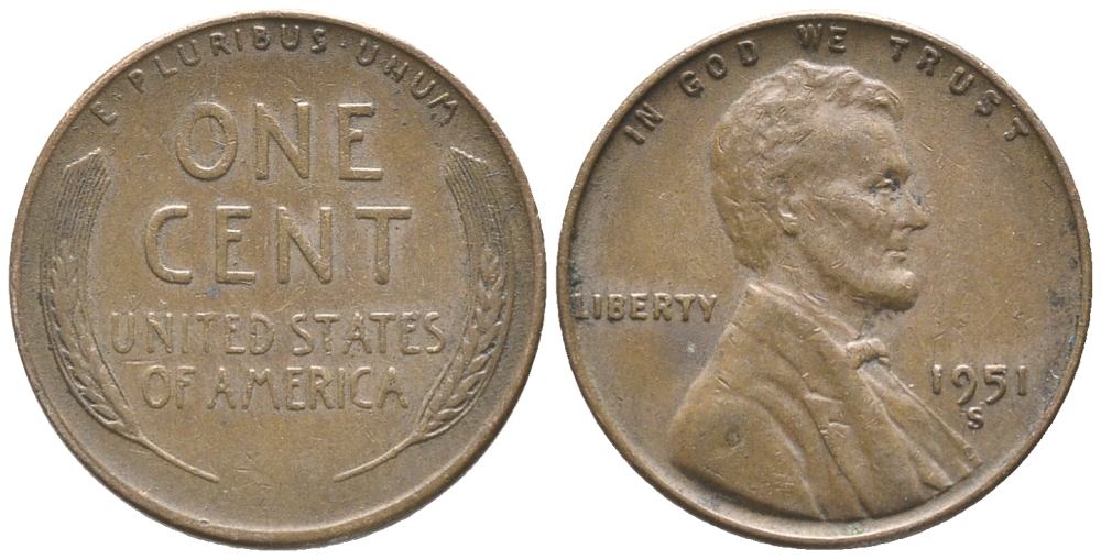 США 1 ЦЕНТ 1951 S, ЛИНКОЛЬН KM А132 медь цинк 100-1031