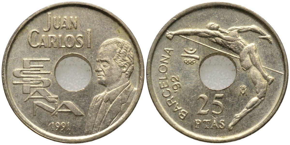 Испания 25 песет 1991 Олимпийские игры в Барселоне 1992 года, прыжки в высоту, Хуан Карлос I (1975-2014) KM 851 никель бронза 4516-755