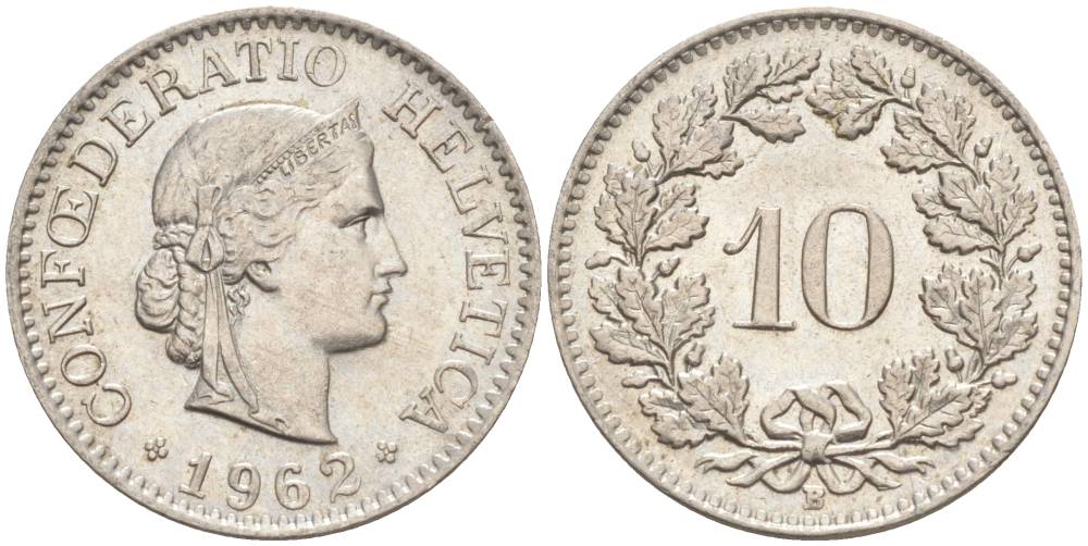ШВЕЙЦАРИЯ 10 РАППЕНОВ 1962 В KM 27 медно-никель 55-326