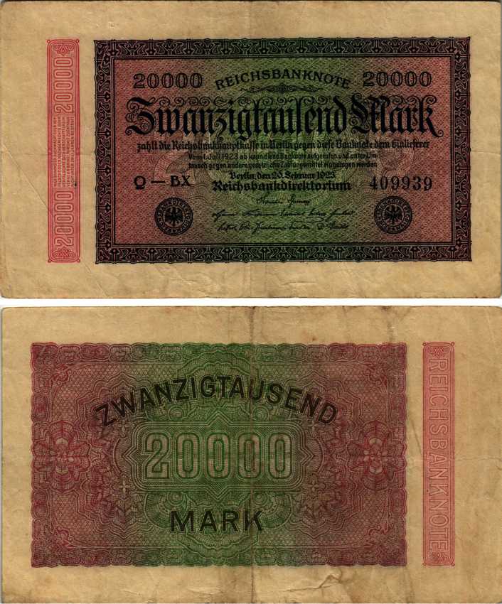 ГЕРМАНИЯ 20000 МАРОК 1923 20 ФЕВРАЛЯ 1923, ВОДЯНОЙ ЗНАК L Pick 85d бумага 3295-49-2-1