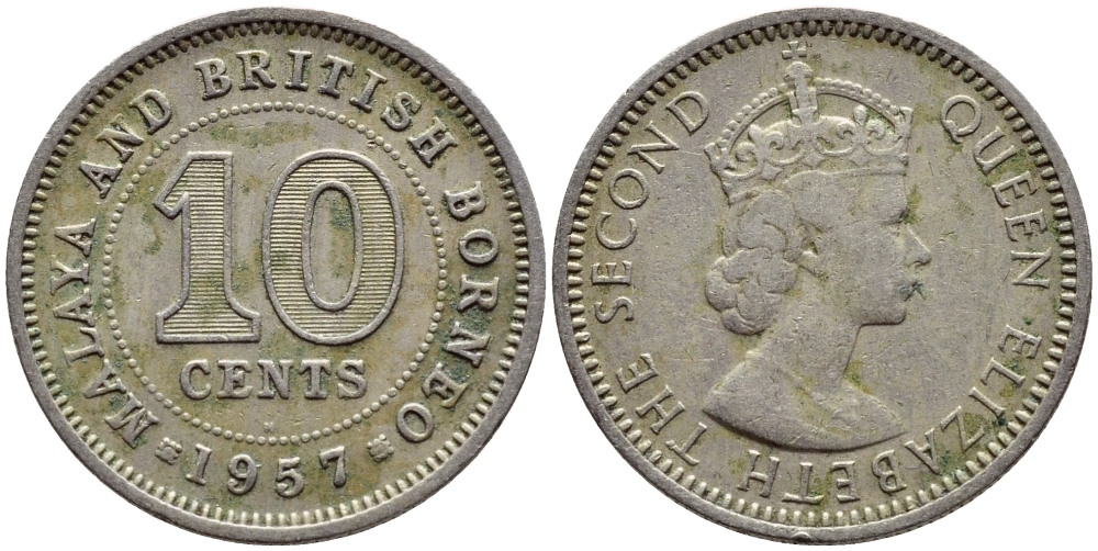 Малайя и Британское Борнео 10 центов 1957 H, Елизавета II (1952-2022) KM 2 медно-никель 4392-1139