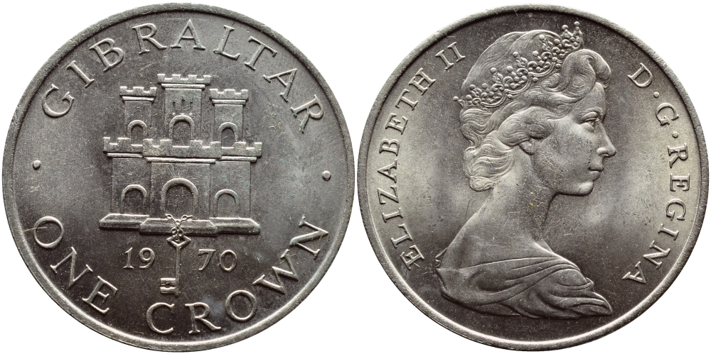 Гибралтар 1 крона 1970 Елизавета II (1952-2022), старый замок KM 4 медно-никель UNC 74-731