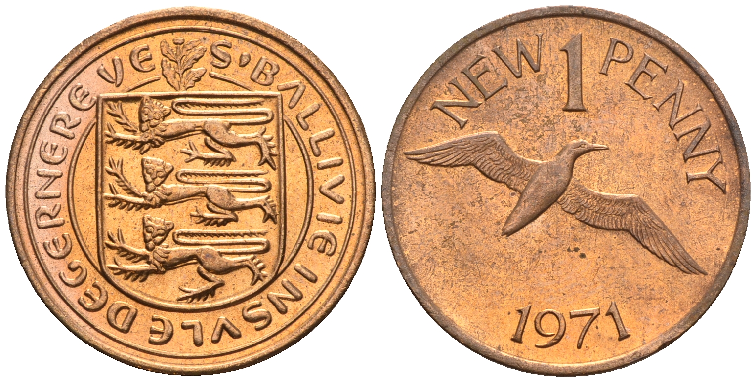 Гернси 1 пенc 1971 Елизавета II (1952-2022), северная олуша в полете KM 21 бронза  UNC  220-1218