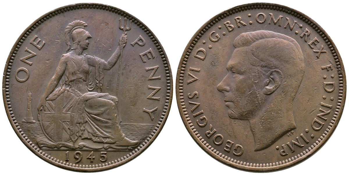 Великобритания 1 пенни 1945 Георг VI (1936-1952) KM 845, Spink 4114 бронза 4680-136