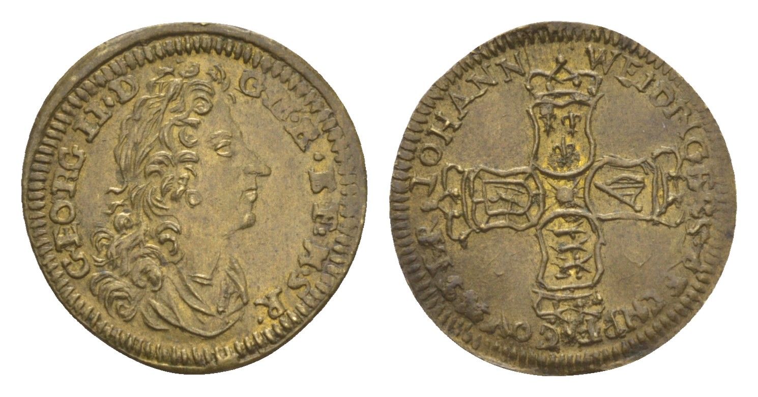 Нюрнберг счетный жетон XIX век Георг II, Коронованные крестообразные щиты вокруг центральной звезды, диаметр 19 мм, вес 0,9 гр латунь 1531-812