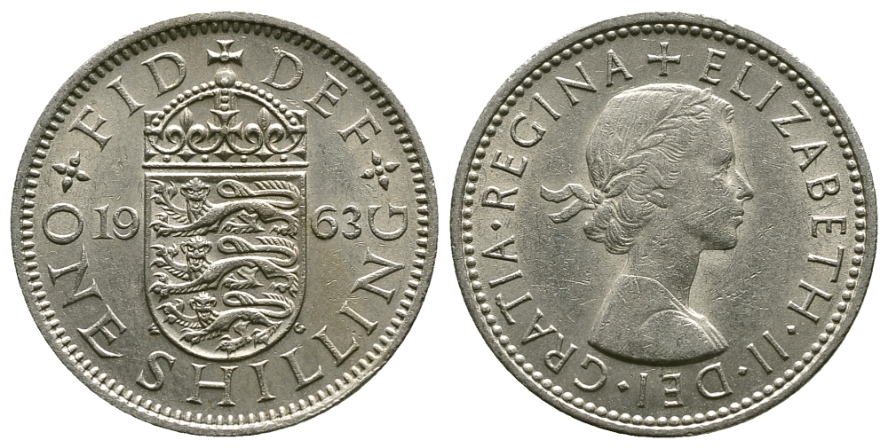 Великобритания 1 шиллинг 1963 Елизавета II (1952-2022), Английский герб KM 904, Spink 4147 медно-никель 4384-452