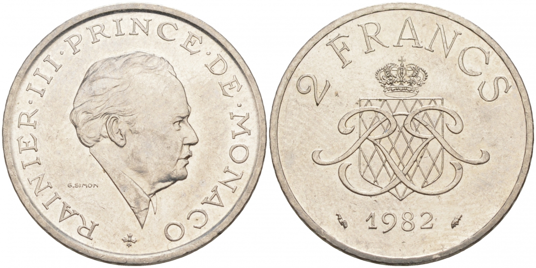 Монако 2 франка 1982 Ренье III (1949-2005) KM 157 никель 73-1637