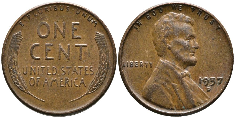 США 1 ЦЕНТ 1957 D, ЛИНКОЛЬН KM А132 медь цинк 4549-754