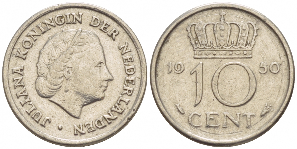 Нидерланды 10 центов 1951 Юлиана (1949-1980) KM 182 никель 4547-824