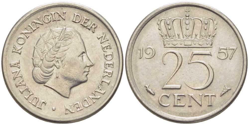 Нидерланды 25 центов 1957 Юлиана (1949-1980) KM 183 никель 214-926
