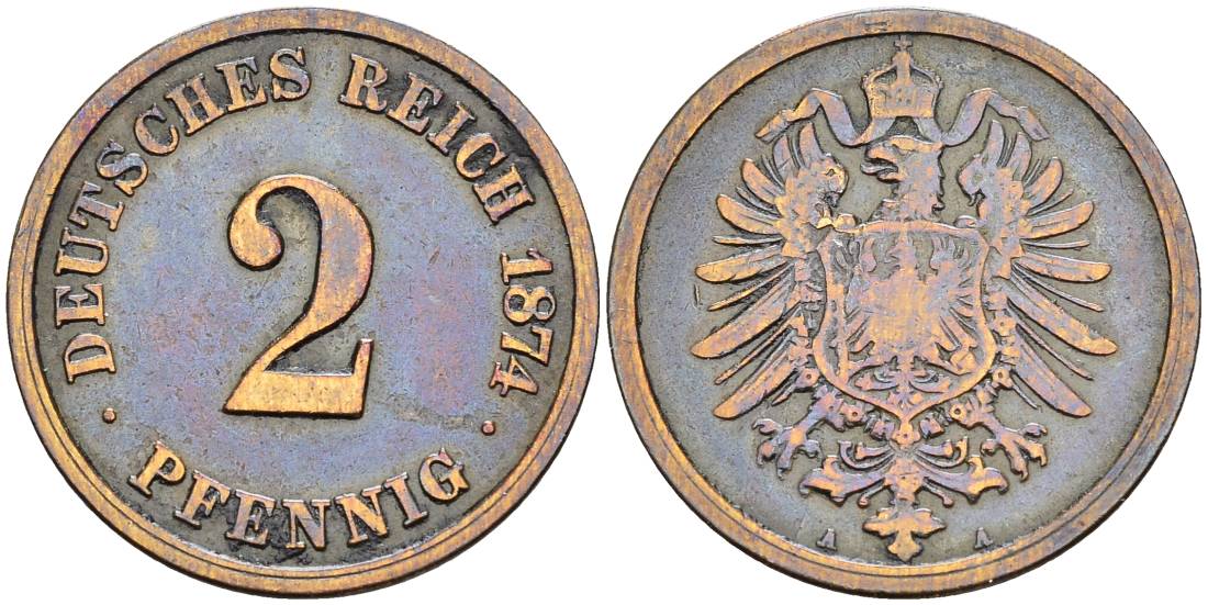 ГЕРМАНИЯ 2 ПФЕННИГА 1874 А, СТАРОГЕРБОВКА KM 2, Jager 2, Weege 3 медь 4546-531