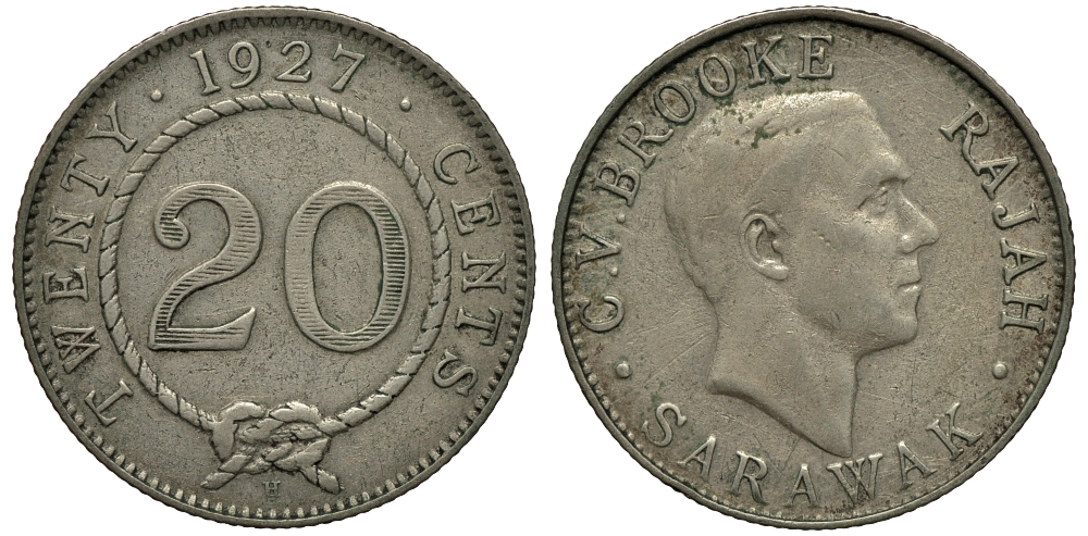 Саравак 20 центов 1927 Н, Третий Раджа Чарльз Вайнер Брук, Королевство Саравак (1846 - 1946) KM 17а серебро 4044-911
