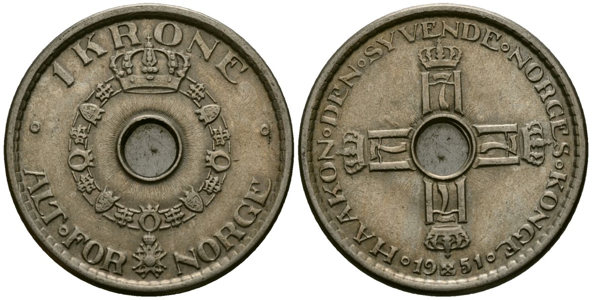 Норвегия 1 крона 1951 Хокон VII (1905-1957) KM 397.1 медно-никель 4582-827