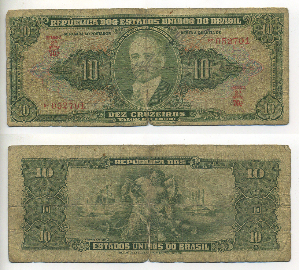 БРАЗИЛИЯ 10 КРУЗЕЙРО 1950 СЕРИЯ 70А Pick 143 бумага 7548-14-3