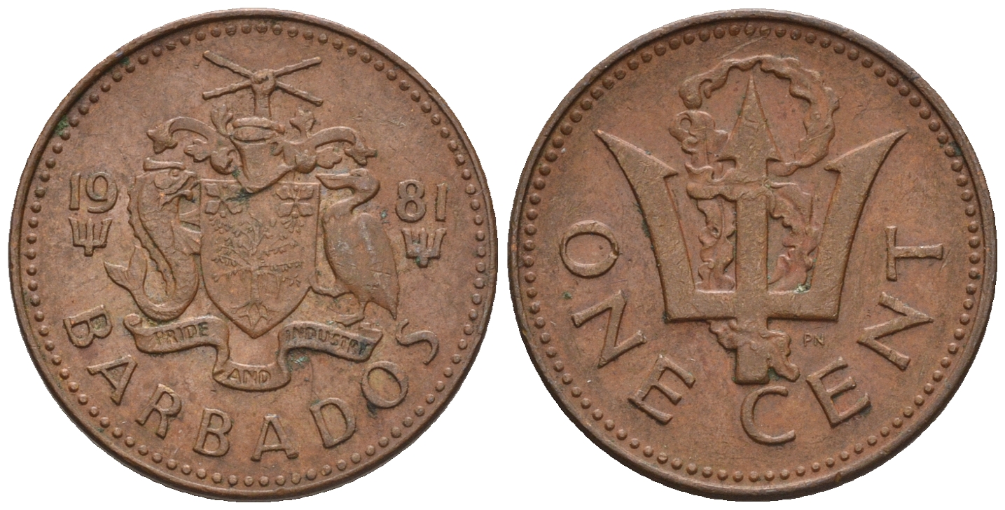 Барбадос 1 цент 1981 сломанный трезубец Британии KM 10 бронза 220-923