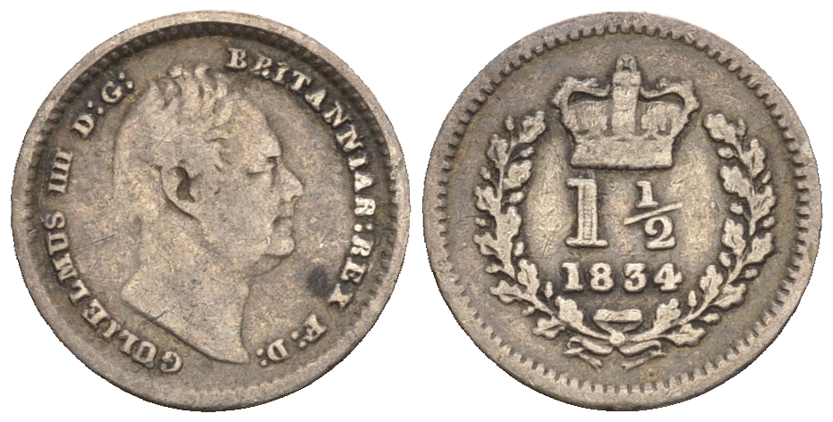 Великобритания 1 1/2 пенса 1834 Вильгельм IV (1830-1837) KM 719, Spink 3839 серебро 1515-2222