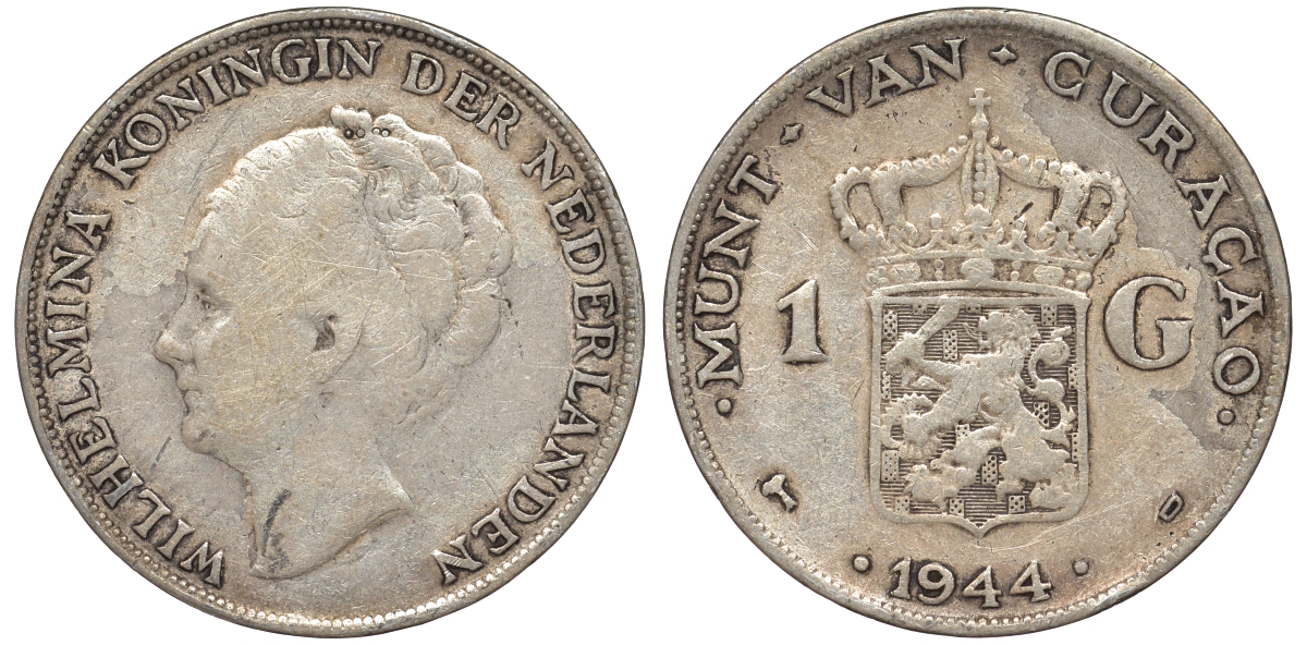 Нидерландское Кюрасао 1 гульден 1944 D, Вильгельмина (1890-1948) KM 45 серебро 36-446