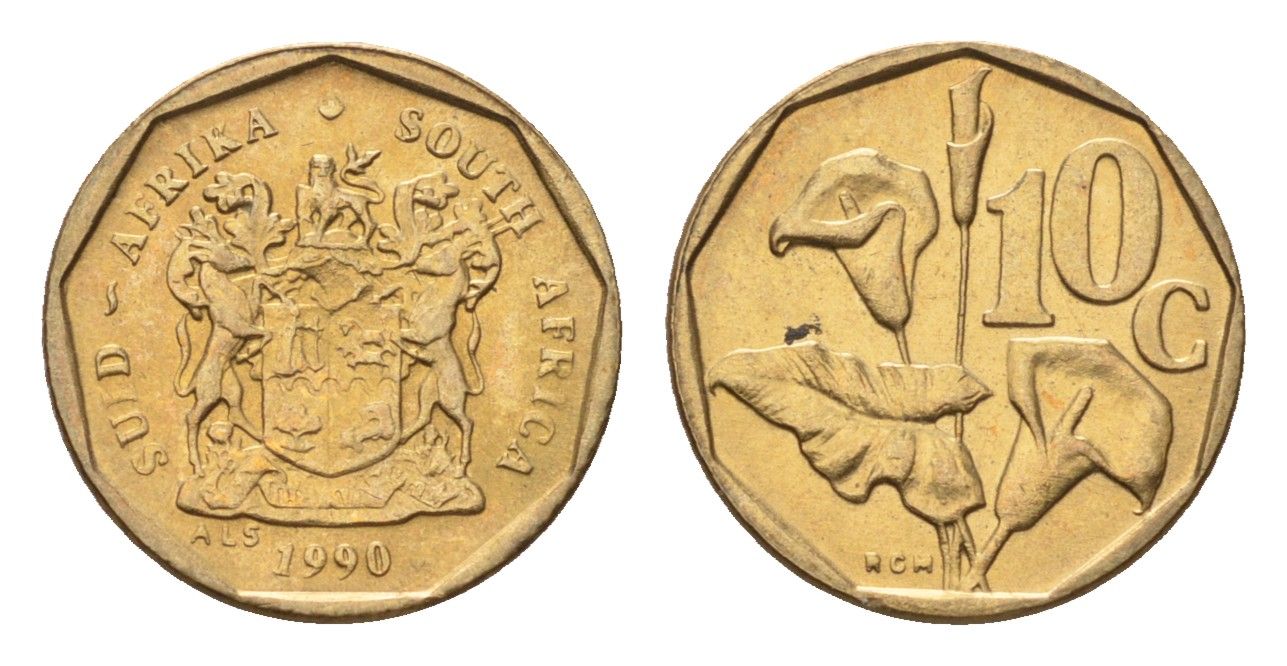 ЮАР 10 центов 1990 герб, цветок алоэ KM 135 сталь плакированная бронзой UNC 4694-634
